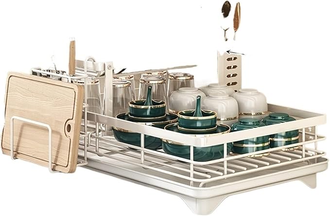 Adjustable Stainless Steel Dish Drying Rack with Drainboard, Over Sink Plate Drainer & Kitchen Organizer(White Suit)