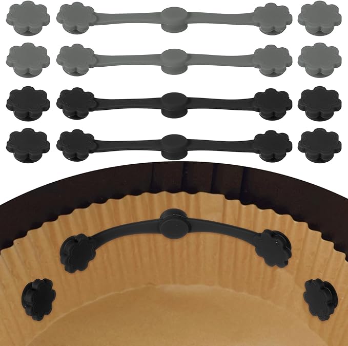 uxcell 4 Set Air Fryer Magnets, Silicone Buckle for Parchment Paper Liners Flower Shape Magnetic Buckle for Lock Paper Prevent Paper Burning, Black/Gray