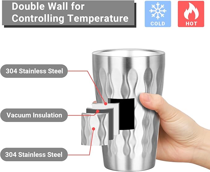Stainless Steel Double Wall Cups, 16 oz Insulated Tumbler, 4 Pack Unbreakable Stackable Water Tumblers Insulated Metal Cup Premium Drinking Glasses for Travel Camping Home Outdoor