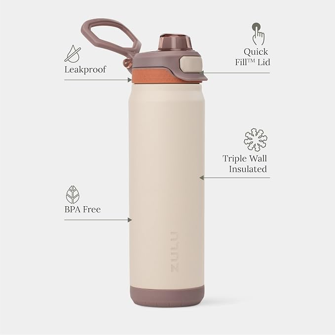 ZULU Powerfill Pro 24oz Stainless Steel Water Bottle with Quick Fill Lid, Triple Walled Vacuum Insulated Metal, Leak Proof Locking Lid, Sip and Chug, Reusable BPA Free, Driftwood