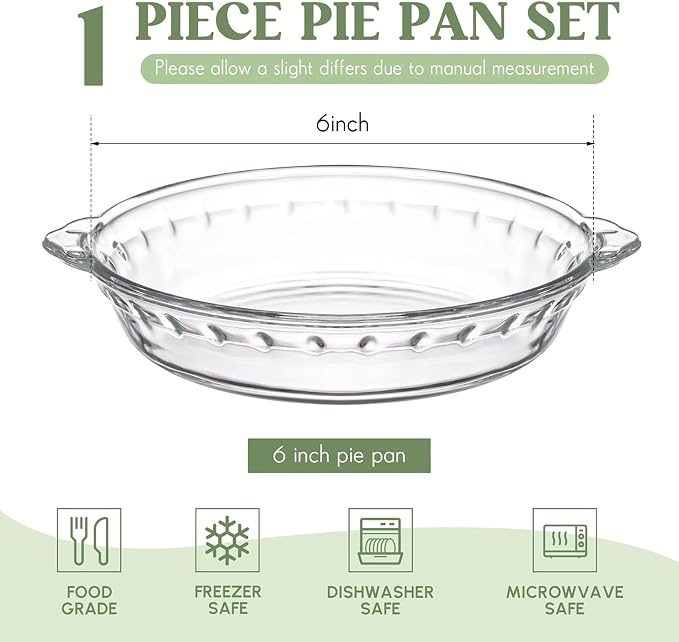 Uiifan 1 Pack 6 Inches Mini Glass Pie Pan for Baking 11.6 oz Clear Pie Plate with Handles Round Glass Dish for Baking and Serving, Snacks, Salads, Desserts