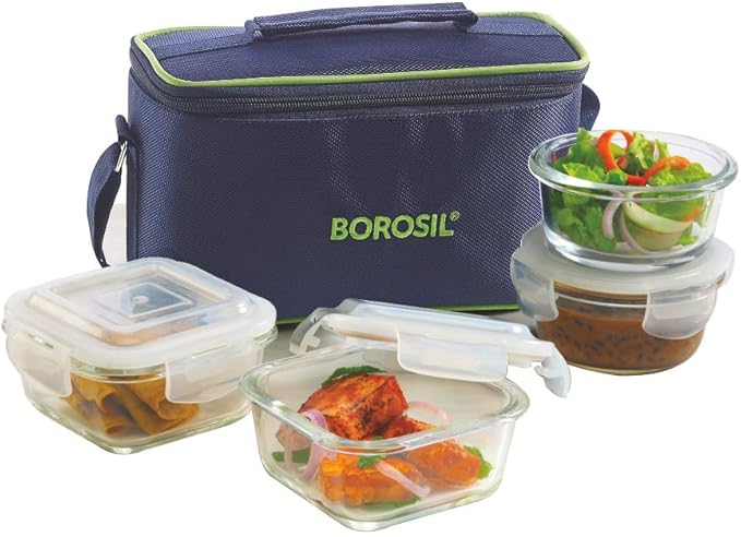 Borosil Blue Universal Glass Lunchbox 320 ml x 2 (+) 240 ml x 2