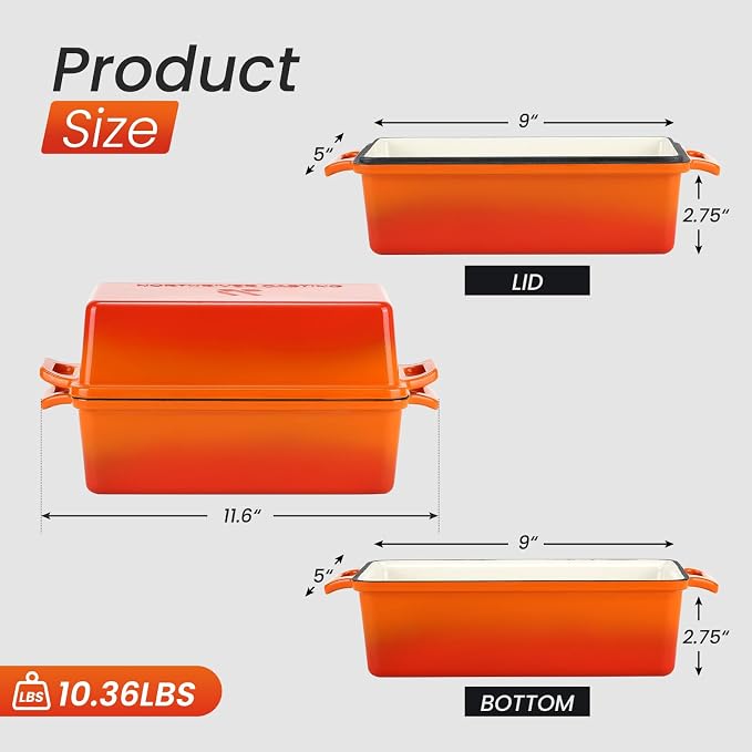 Northriver Casting Enameled Cast Iron Loaf Pan with Lid, Best Bread Oven, Bread Loaf Pans for Baking Homemade Sourdough Bread 9x5, 2 Piece set, Flame