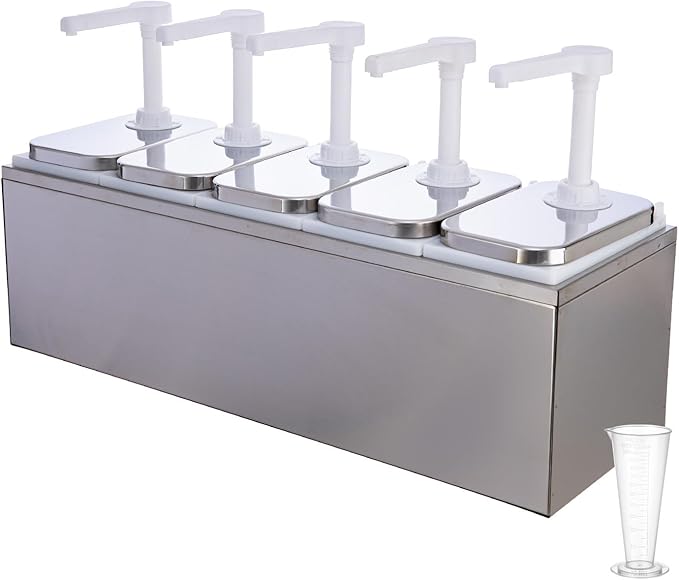 10.57 Quart Condiment Dispenser Pump,Syrup Pump Dispenser with Measuring Cup,Detachable Leak-Proof Design for Sauce, Honey, Syrup,Soy Sauce,Mustard,Cheese (2.11 QT Each, 5 pumphead)