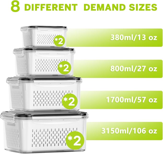HOMETALL 8 Pack Fruit Storage Containers for Fridge, Produce Containers for Fridge with Colander, Leakproof Fridge Organizers and Storage for Berry Vegetable Salad Lettuce Meat Food