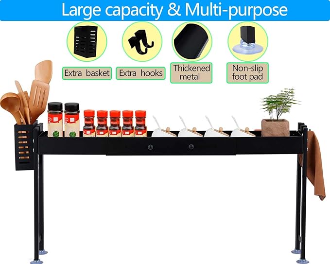 Horynar Over Stove Spice Shelf for Kitchen Spice Rack Organizer with Extra Black Basket and Hooks Great for Stove Top Shelf