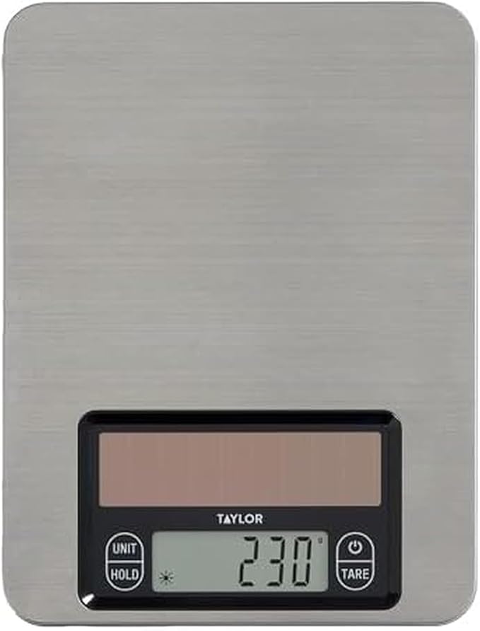 Taylor Light Powered Digital Kitchen Scale, Light Energy Scale with Stainless Steel Platform, Light Powered Panel with Endless Power, No Batteries Needed, Energy-Saving, High 11lb Capacity, Silver
