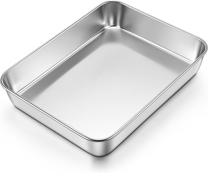 E-far Lasagna Pan, Stainless Steel Rectangular Baking Pan, 10.3x8x2” Small Sheet Cake Pan Metal Bakeware Toaster Oven Tray for Brownie Casserole, Deep Side & Heavy Duty, Anti-Rust & Dishwasher Safe