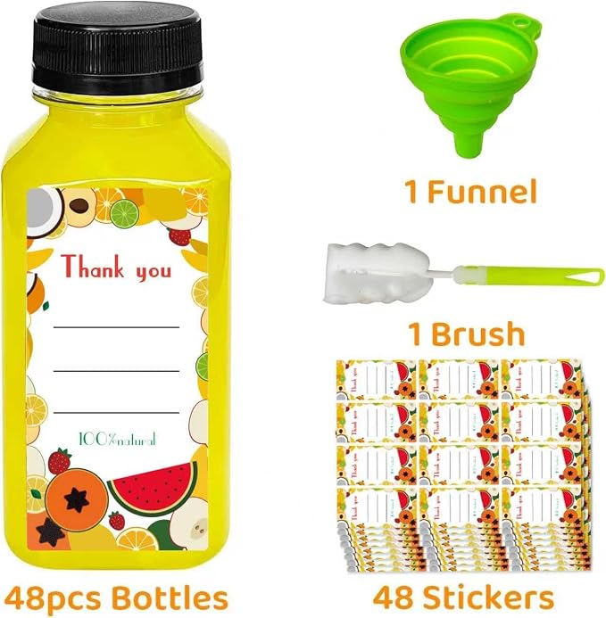 48pcs 8oz Juice bottle with caps,Plastic bottles with caps, Reusable Clear Bulk Beverage Containers for Juice, Milk and Other Beverages