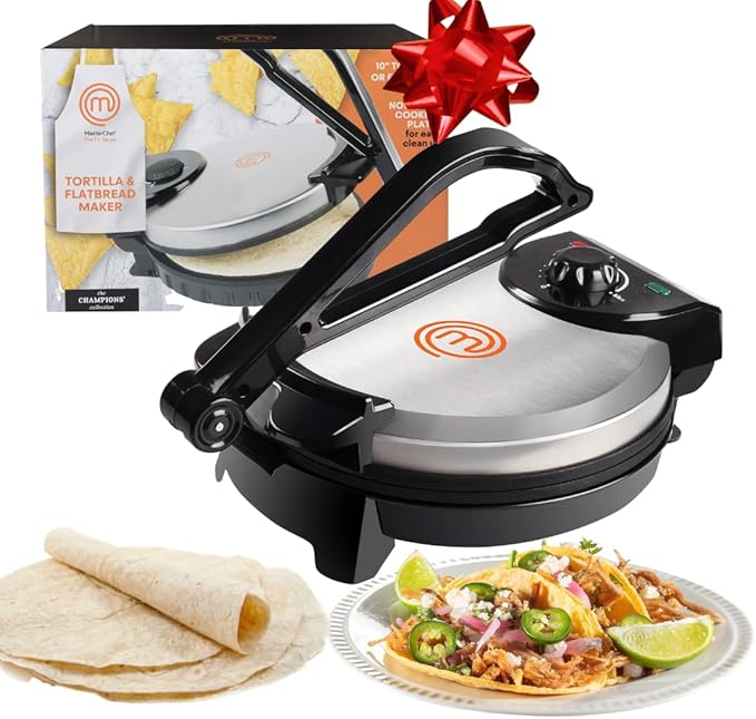 MasterChef Electric Tortilla Maker- Homemade Flatbread, Pitas, Bread, Tortillas- Heavy Duty, Non-stick Cooker is Easier than Tortilla Press, Adjustable Temperature Control and Uniform Baking, Gift