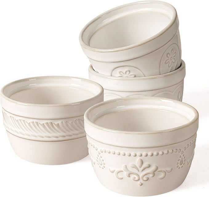 Artena Ramekins Oven Safe, Creme Brulee Ramekins, Embossed White Ceramic Ramiken, Souffle Pudding Custard Cups, Baking Dish, Dipping Bowls, Sauce Cups, Set Of 4 (4 oz, Multiple Patterns)