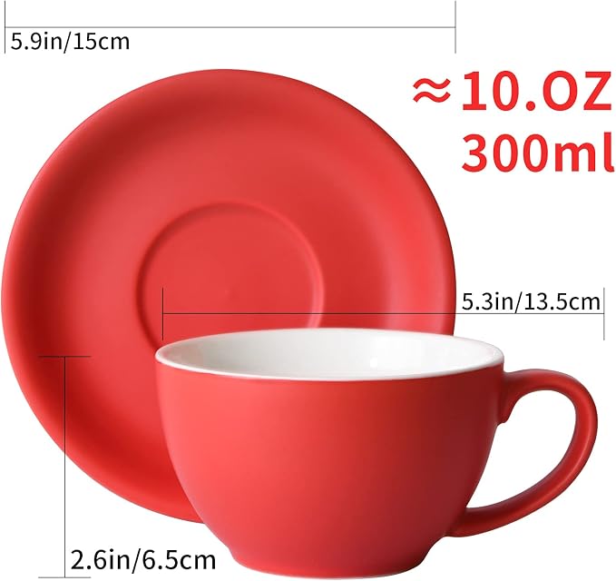 Yundu Ceramics Latte Cup and Saucer - 10 oz for Cappuccino,Tea,Cafe Mocha, Set of 4,Matte Mixed Color