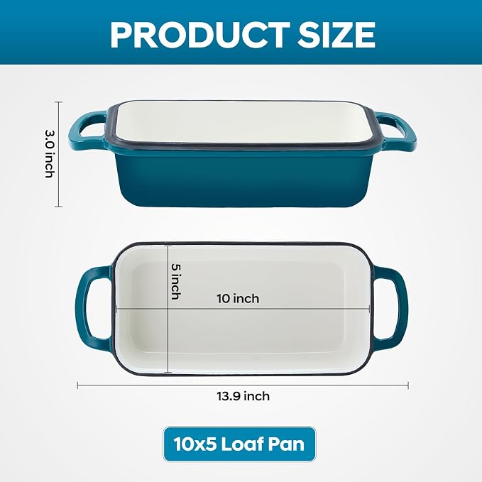 Cast Iron Loaf Pan with Lid 10x5 Inch Enameled Bread Loaf Pan for Sourdough, 2 Piece Set, Emerald