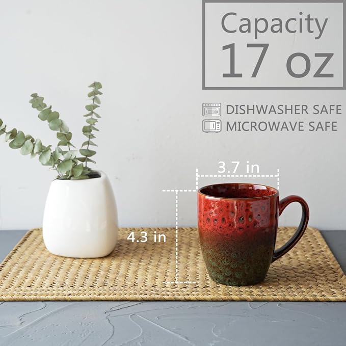 Bosmarlin Ceramic Coffee Mug Set of 4, 17 Oz, Coffee Cups with Big Handle, Microwave Safe, Unique Reactive Glaze (Red&Green)