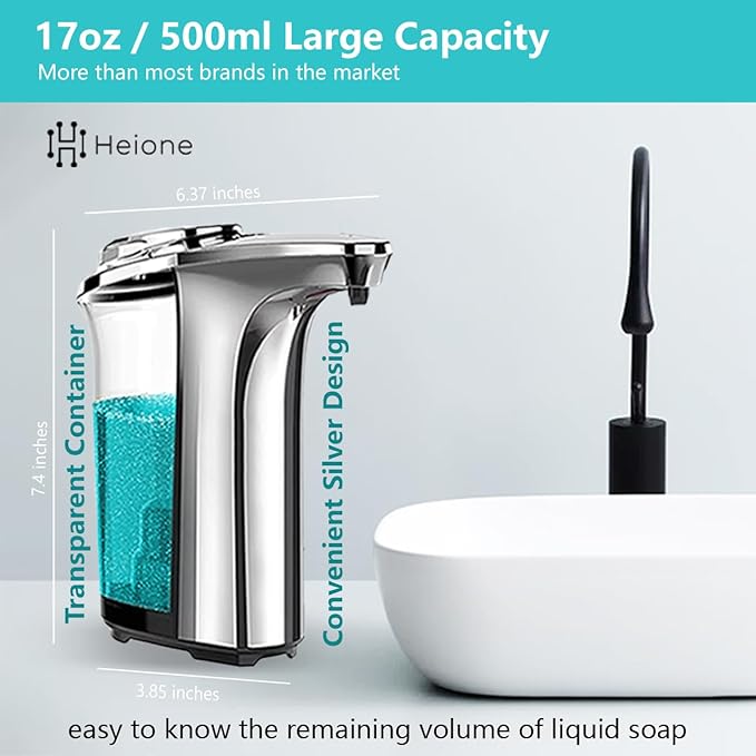 Automatic Soap Dispenser Touchless - Battery Operated Sensor Liquid Soap Pump for Kitchen Sink & Bathroom - Silver Glossy Color, 5 Adjustable Levels, IPX4 Waterproof, 17oz / 500ml
