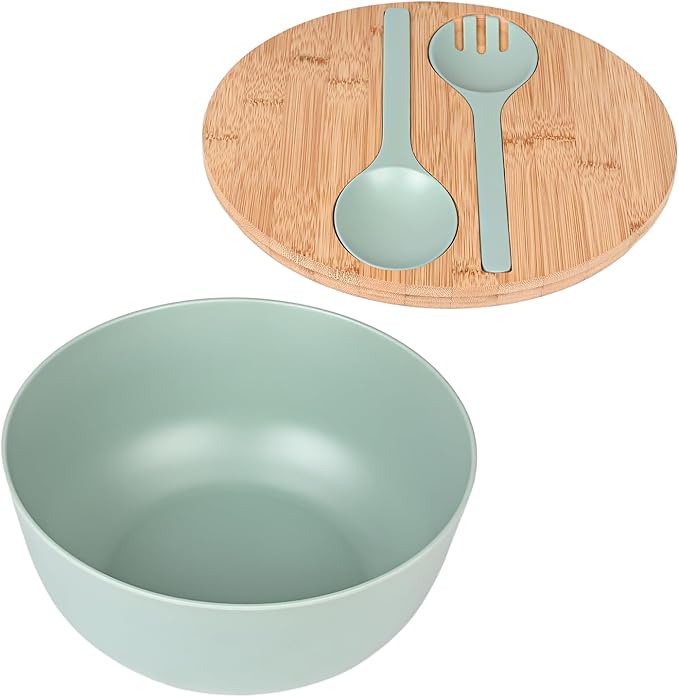 LOVYANXUE Bamboo Fiber Salad Bowl with Servers Set Large 9.8inches Nature Bamboo Mixing Bowl with Servers with Lid Spoon and Fork for Fruits,Salads and Vegetables