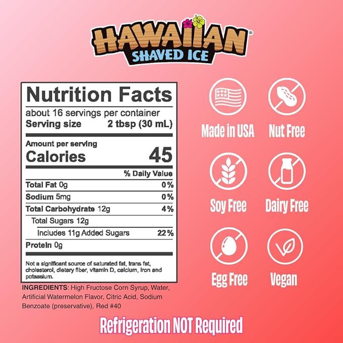 Hawaiian Shaved Ice Syrup Pint, Watermelon Flavor, Great For Slushies, Italian Soda, Popsicles, & More, No Refrigeration Needed, Contains No Nuts, Soy, Wheat, Dairy, Starch, Flour, or Egg Products