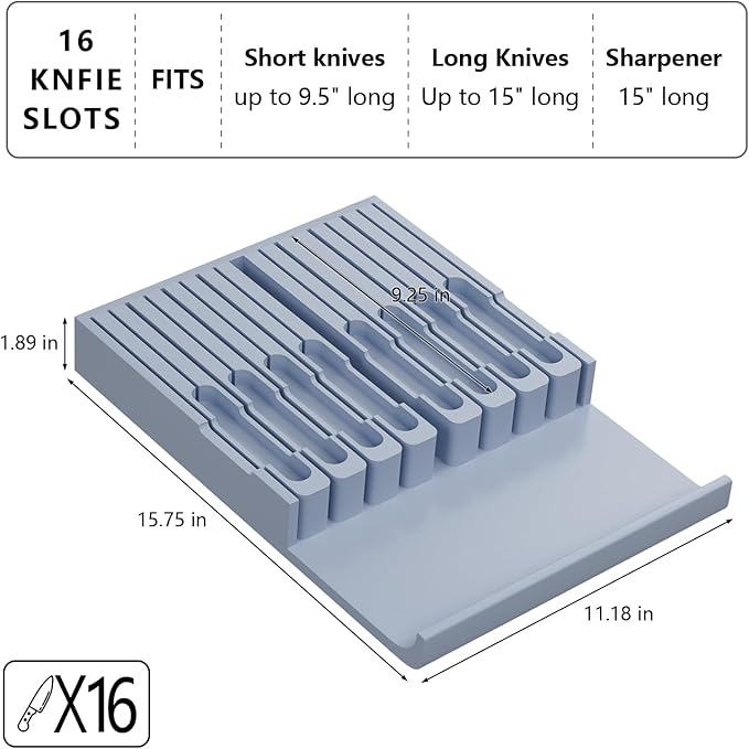 Domax Bamboo In-drawer Knife Block - Kitchen Knife Drawer Organizer Insert, Knife Holder without Knives Large, Drawer Knife Organizer Fits for 16 knives and 1 Sharpening Steel (Not Included), Gray
