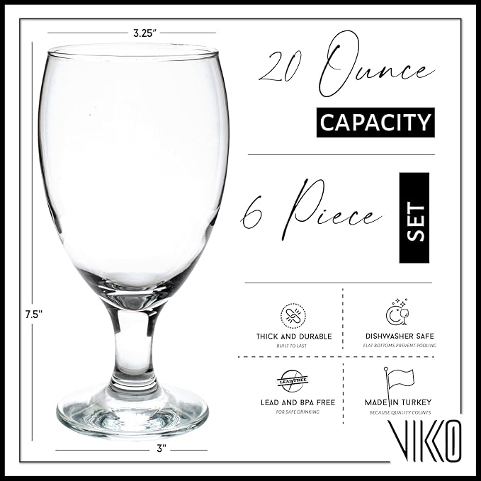 Vikko Classic Goblet Party Glasses, Iced Tea Glasses 20 Ounce, Set of 6 Goblets, Iced Tea and Water Goblets, Dishwasher Safe Durable Glassware