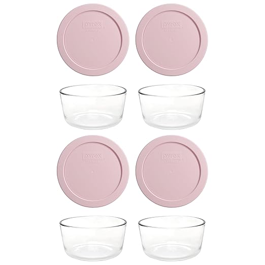 Pyrex 7201 4-Cup Glass Bowl and 7201-PC Loring Pink Lid (4-Pack) - Made in USA