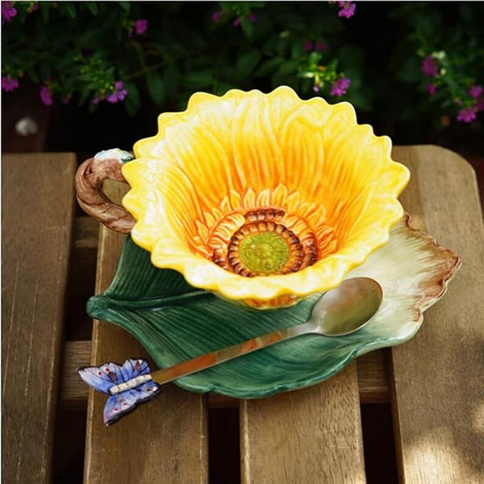 Ceramic Coffee Mug & Saucer Set, 3D Sunflower & Leaf, 6oz | Hand-painted, Handmade, Includes Spoon, Birthday Gift for Women