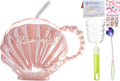 Pearl Shell Ceramic Coffee Mug with Coaster Set for Tea Latte Milk Cute Cup with Saucer for Home Office Women Gift 6.5 oz (Shell with Straw Pink, 450 ml)