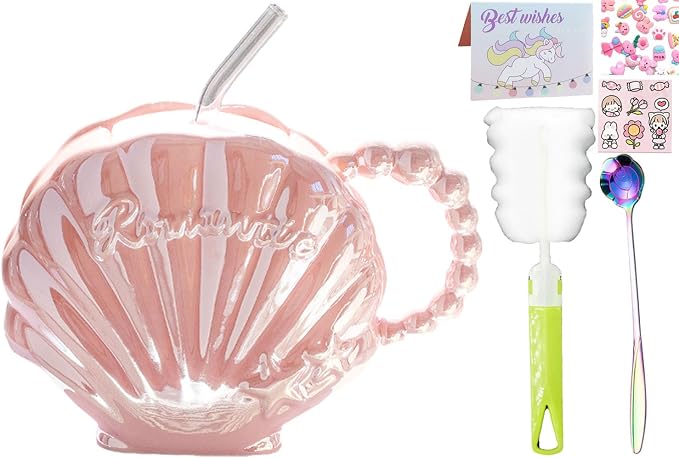 Pearl Shell Ceramic Coffee Mug with Coaster Set for Tea Latte Milk Cute Cup with Saucer for Home Office Women Gift 6.5 oz (Shell with Straw Pink, 450 ml)
