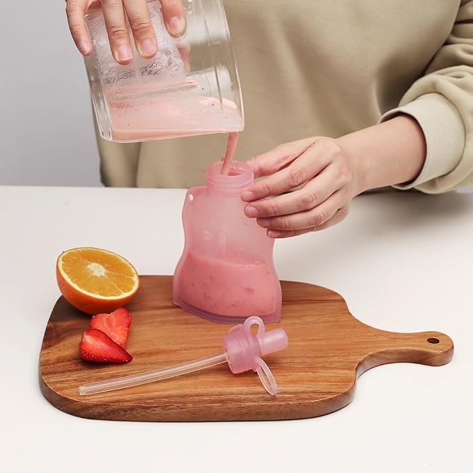 haakaa Silicone Yummy Pouch 4.5 oz – Reusable Silicone Snack & Smoothie Pouch, Refillable, Leak-Resistant, Dishwasher Safe, Eco-Friendly Food Storage for Babies Kids & Toddlers (2-PK, Strawberry)
