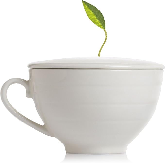 Tea Forte Porcelain Tea Cup and Lid, Steeps 8 oz., Microwave & Dishwasher Safe, Café Cup White