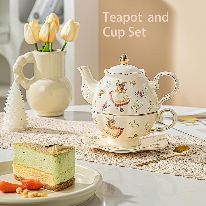 Domini Teapot cup combo,Teapot and Teacup for One,Tea Cup and Saucer Set-Tea Pot Set Gift for Girl Women,Rabit