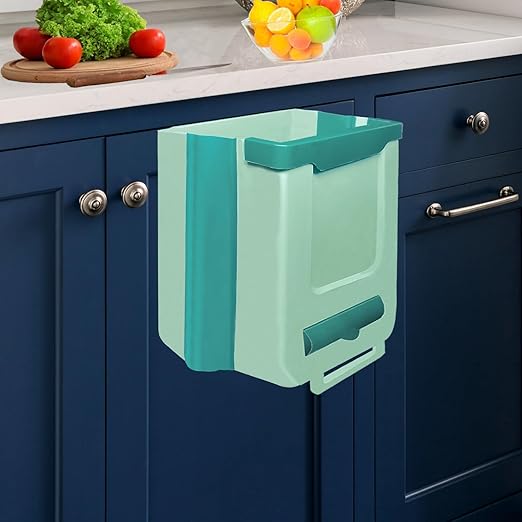 10l Wall-Mounted Kitchen Cupboard Trash Can, Collapsible Food Waste Bin for Cabinets, Ideal for Campervans, Bathrooms, and Motorhomes Green-7L