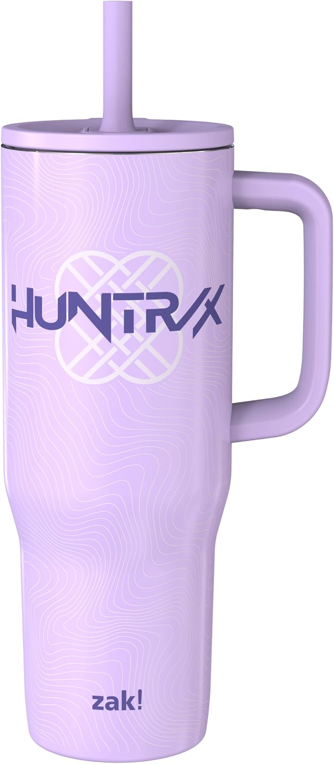 Zak Designs KPop Demon Hunters Sutton Travel Tumbler for On the Go, 30oz Stainless Steel with Vacuum Insulation, Silicone Straw, and Carry Handle for Cold Drinks (Huntrix)