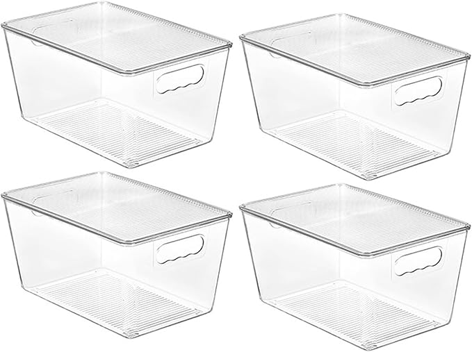 4Pcs Clear Organizer Bins with Lids, PET Plastic Storage Bins 11x6x6.2 Cabinet Organizer with Handle Perfect for Bathroom, Cabinet, Kitchen, Fridge Pantry Organizers And Storage