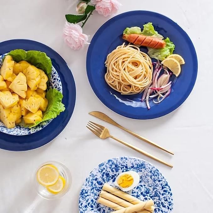 Melamine Dinnerware Set, 12 Piece Service for 4, Blue and White Porcelain Tableware Dishes for Indoor and Outdoor Use, Unbreakable Plates and Bowls Sets, Dishwasher Safe BPA Free