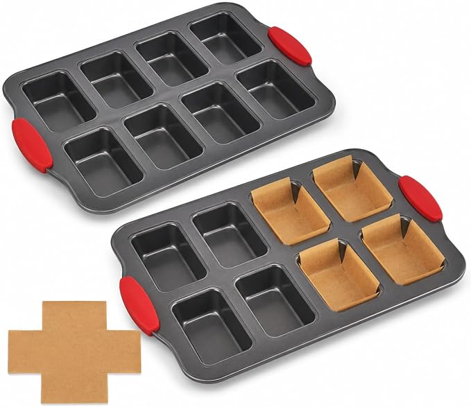 Mini Loaf Baking Pans, 2 Pack 8-Cavity Carbon Steel Banana Bread Pan and 100 Parchment Liners, Nonstick Mini Loaf Pan for Baking Bread, Cornbread, Brownies