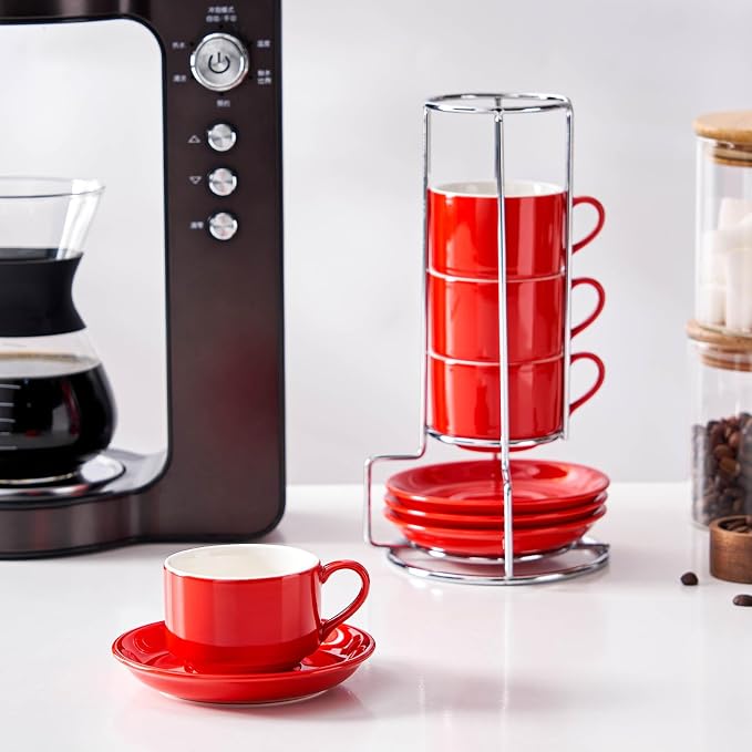 2.5oz Espresso Cups Set of 4, Small Stackable Coffee Cups with Saucers and Metal Stand, Ceramic Demitasse Cups, Cappuccino Cups for Coffee Drinks, Latte, Red