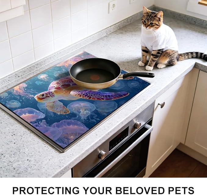 Stove Top Cover for Electric Stove 28.4 x 20.5 Inch Non Slip Stove Mat Sea Turtle Jellyfish Glass Cooktop Protector Kitchen Counter Mat