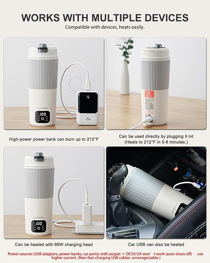 Travel Electric Kettle with Dual interface heating plug and USB C port, 316 Stainless Steel, 650ml Portable Tea Coffee Kettle Water Boiler, 6 Temperature Settings, Electric Water Cup Heater Boil