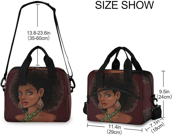 Reusable Lunch Bag for Girls Women,Beautiful African American Girl Lunch Box Container with Detachable Shoulder Strap,Insulated Lunch Coolers for School Office