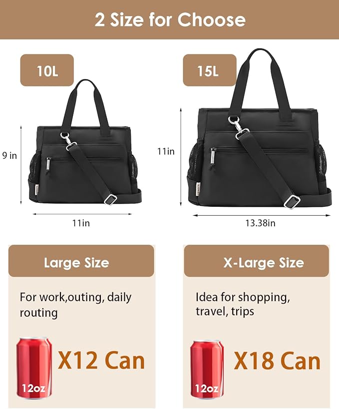 GLENKEY Versatile Lunch Box Stylish Bag - Large Insulated Tote Bag for Women - Leakproof Soft Lunch Pail Kit for Adults Work Picnic Outdoor Trips Black 15L