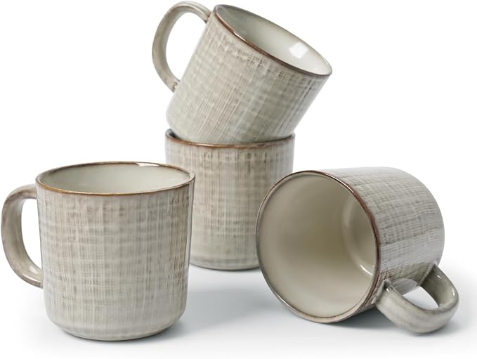 famiware Moonlight Coffee Mug Set of 4, 14oz Mug Set with Linen Finish, Coffee Cup Set with Handle for Latte, Cappuccino, Tea, Hot Cocoa, Microwave and Dishwasher Safe, Summer Sand
