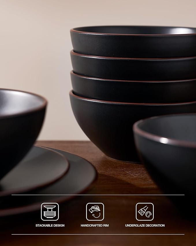 Famiware Venus Plates and Bowls Sets with Trim, 12 Pieces Stoneware Chip‑Resistant Dishes Dinnerware Set for 4, Matte Black - Microwave/Dishwasher Safe, Modern Minimalist, Everyday Meals/Formal Dining
