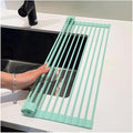 Roll Up Dish Drying Rack，Kitchen Silicone Wrapped Rolling Dish Drainer，Multipurpose Foldable Over The Sink Drying Mat, Heat-Resistant Anti-Slip Drainage Mat(Green,43x33cm/16.9x13.0in)