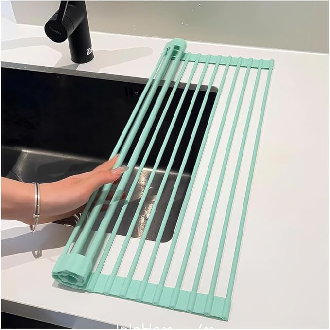 Roll Up Dish Drying Rack，Kitchen Silicone Wrapped Rolling Dish Drainer，Multipurpose Foldable Over The Sink Drying Mat, Heat-Resistant Anti-Slip Drainage Mat(Green,43x33cm/16.9x13.0in)