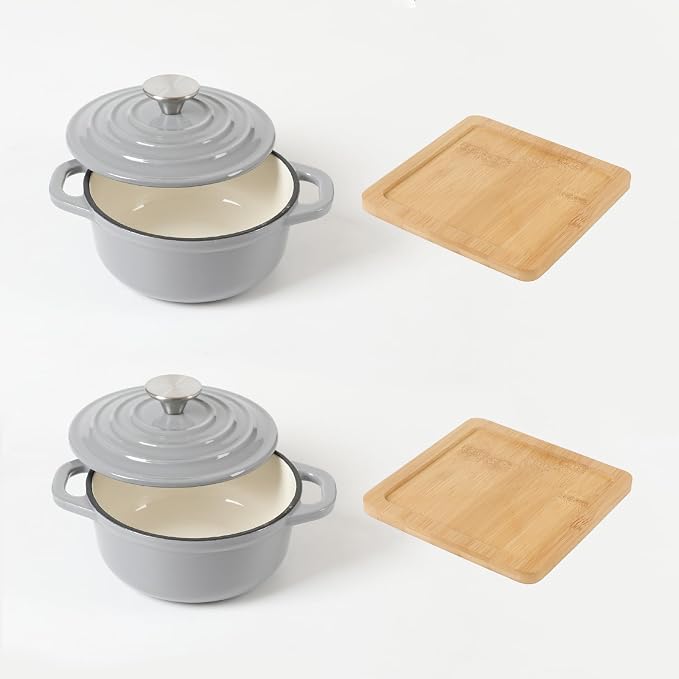 HAWOK Enameled Cast Iron Mini Dutch Oven, Dia5.51”, 23oz, with Bamboo Tray, Set of 2, Gray