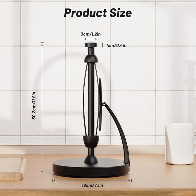 VEHHE Paper Towel Holder Countertop, Black Paper Towel Holder with Spring Activated Arm and Damping Effect, Simply Tear Paper Towel Stand for Bathroom and Kitchen (Black)