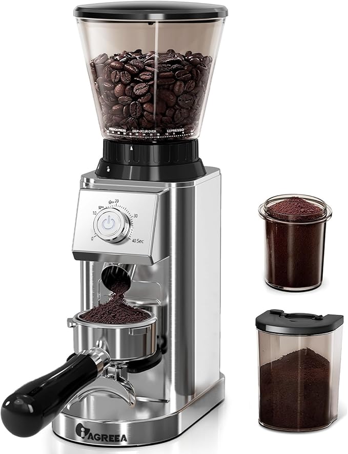 IAGREEA Conical Burr Coffee Grinder, 48 Grind Settings, 450RPM Low-Speed Anti-Static, Precision Timer, Portafilter Holder for Espresso, Drip, French Press, Cold Brew, Stainless Steel
