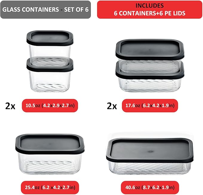 EATEX Grooved Base Glass Meal Prep Containers, 6 Pack Glass Food Storage Containers with Lids for Meal Prep & Lunch, Microwave Oven Freezer Dishwasher Safe, Anti Moisture Non-Stick Design - Black
