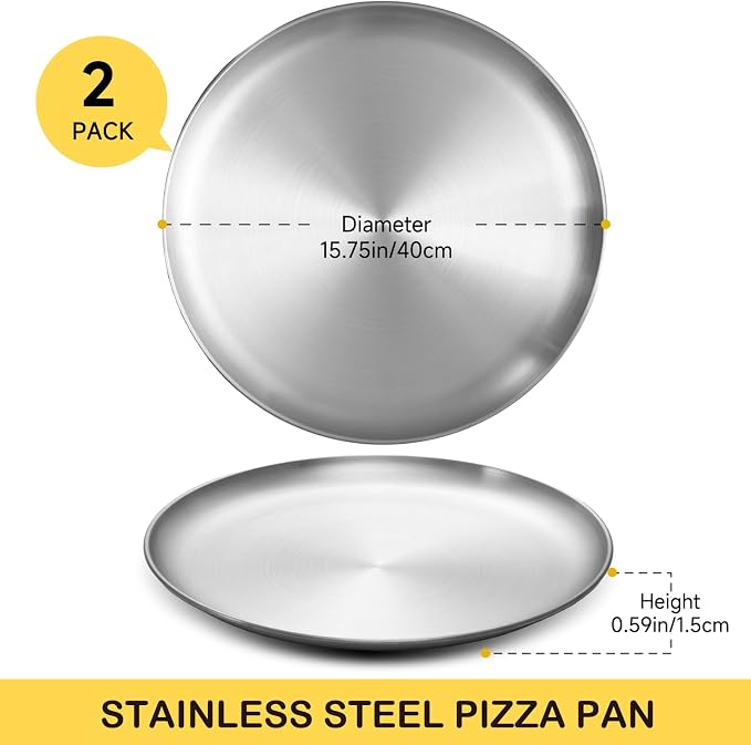 16 Inch Pizza Pan for Oven 2 Pack Stainless Steel Baking Sheet Round Plates for Cake Pie and Salad Pizza Steel Large Tray Oven Dishwasher Safe & Easy Clean
