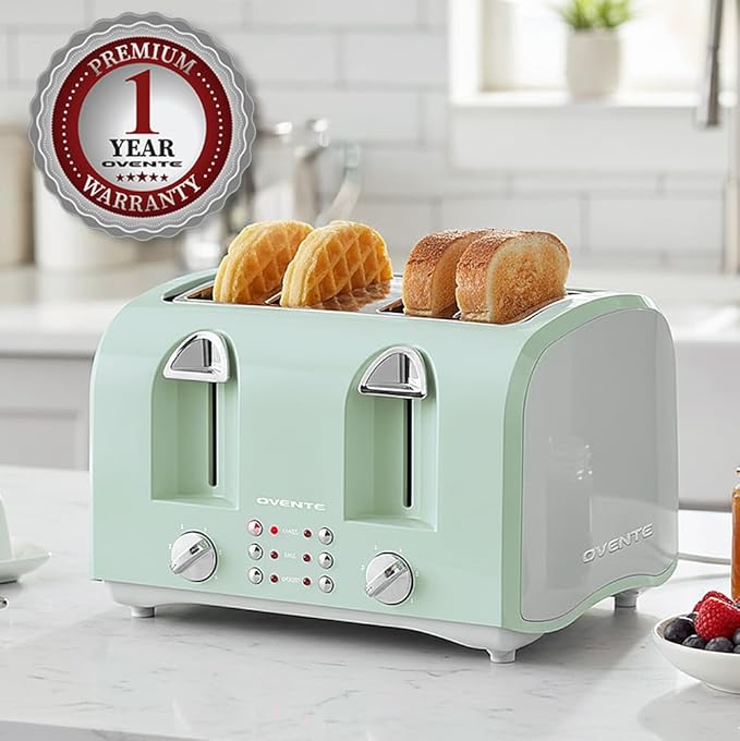 OVENTE Electric 4-Slice Toaster Machine with 6-Shade Selector Setting, Cancel Button, Defrost Function, Crumb Tray, 1400W Power and Wide Slots for Bagels, Waffles and Puff Pastry, Light Blue TS4410LBL